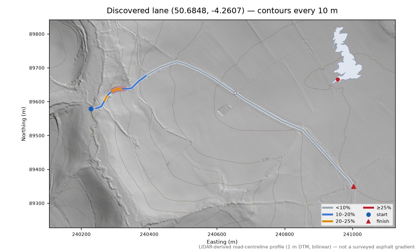 Discovered lane (50.6848, -4.2607) LiDAR hillshade map with contours