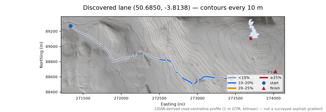 Discovered lane (50.6850, -3.8138) LiDAR hillshade map with contours