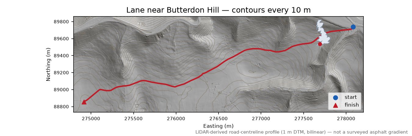 Lane near Butterdon Hill LiDAR hillshade map with contours