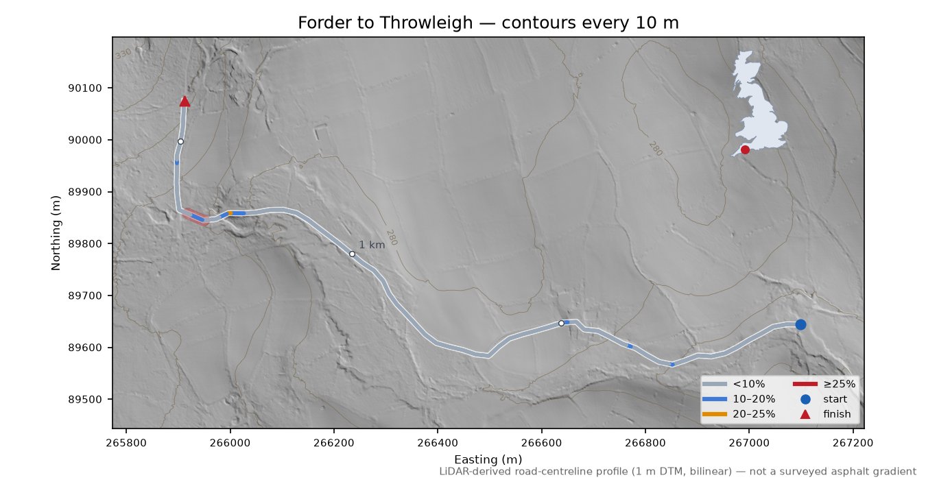 Forder to Throwleigh LiDAR hillshade map with contours