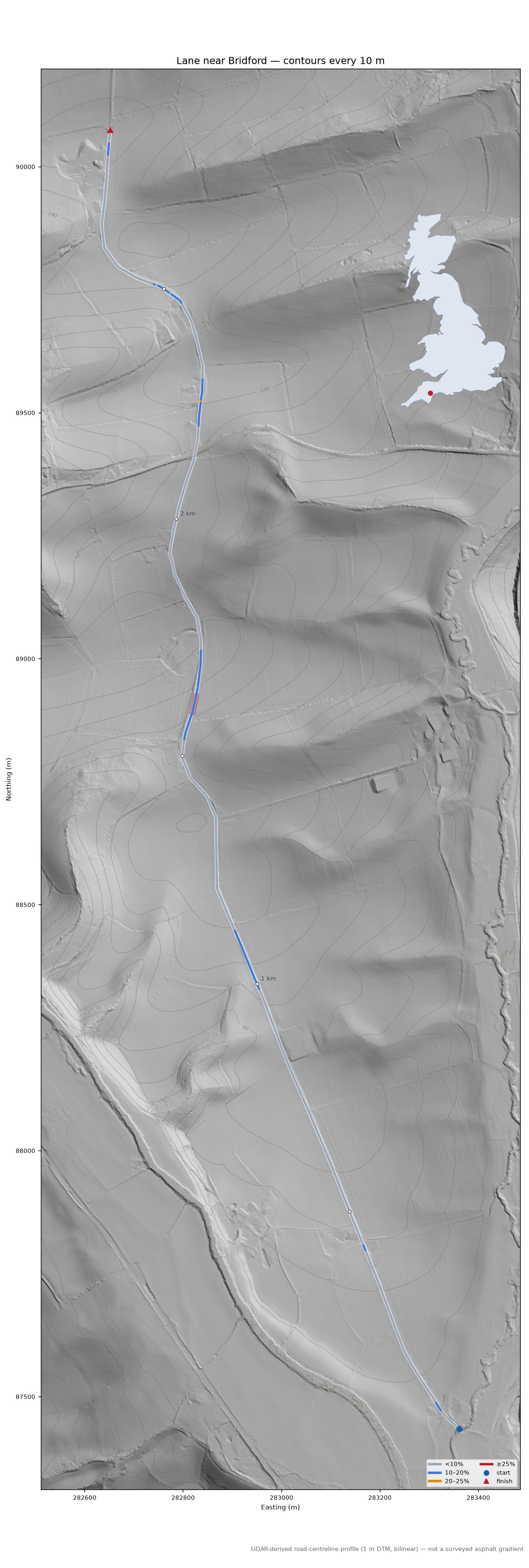 Lane near Bridford LiDAR hillshade map with contours