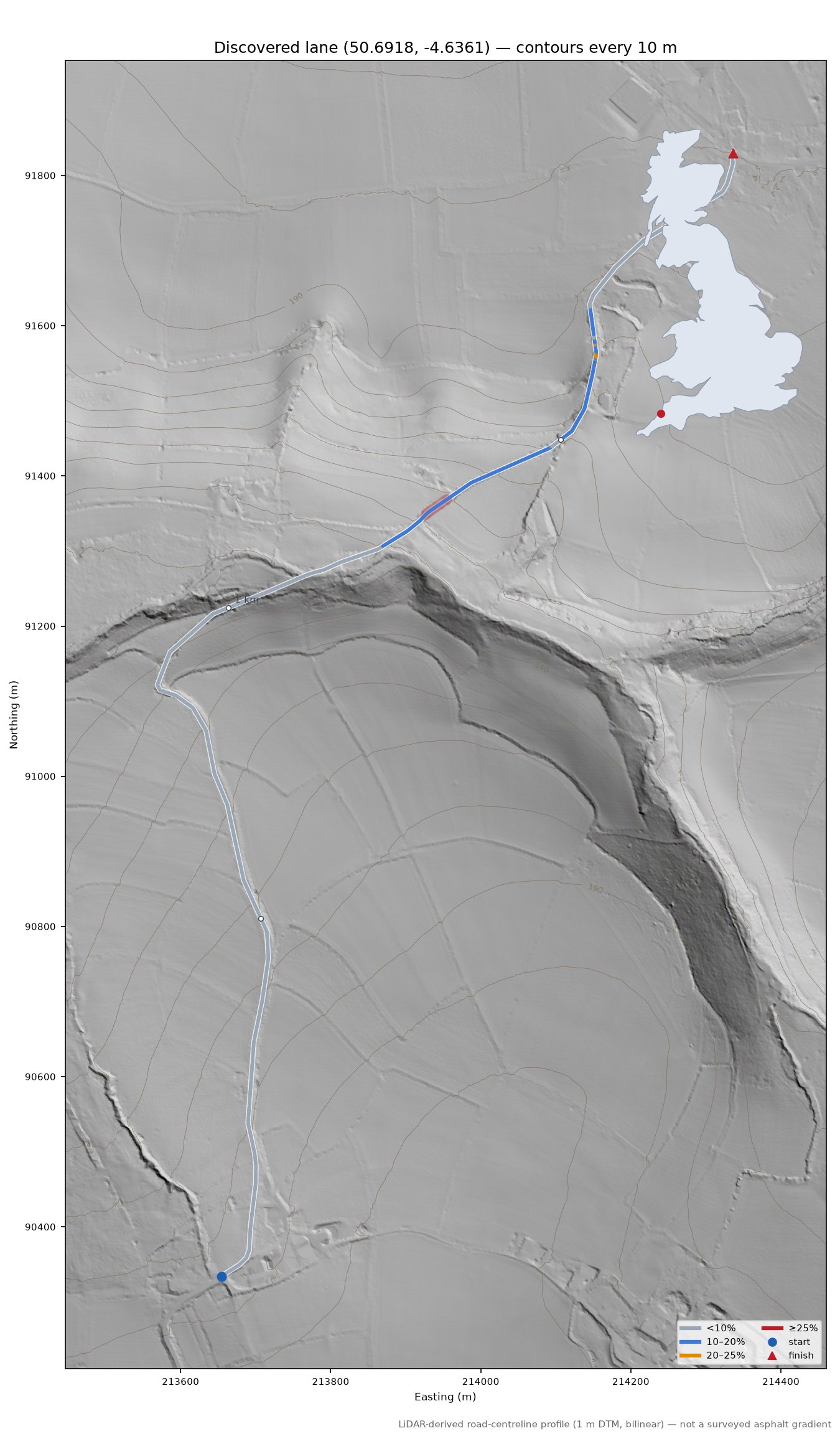 Discovered lane (50.6918, -4.6361) LiDAR hillshade map with contours