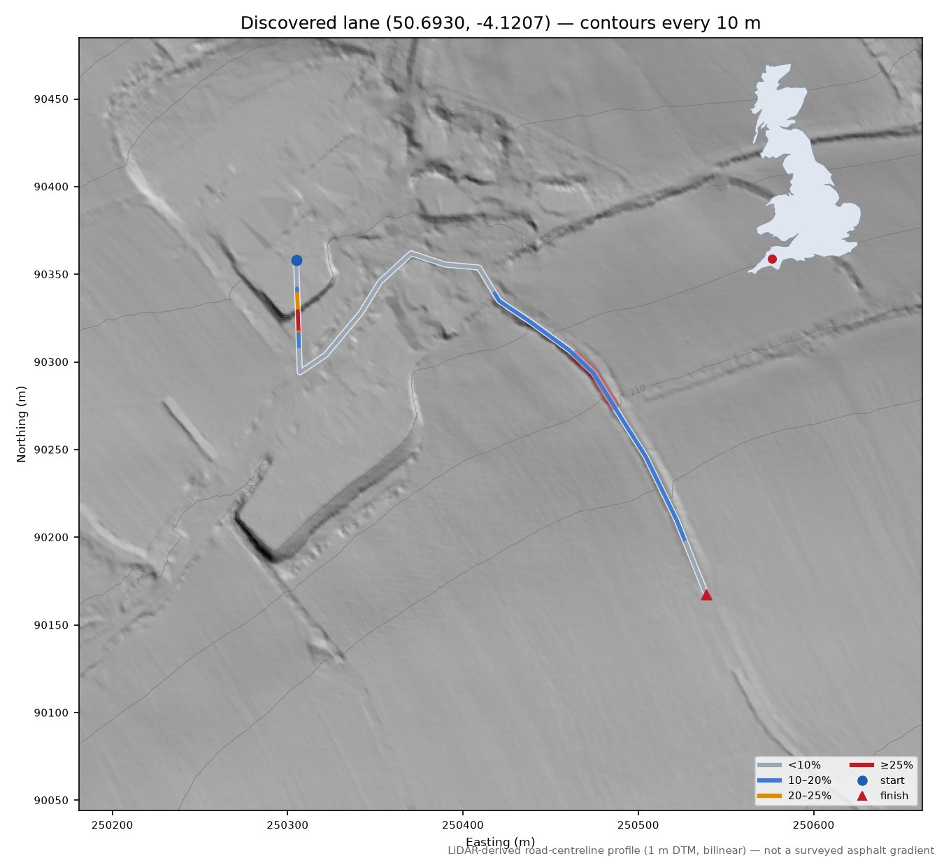 Discovered lane (50.6930, -4.1207) LiDAR hillshade map with contours