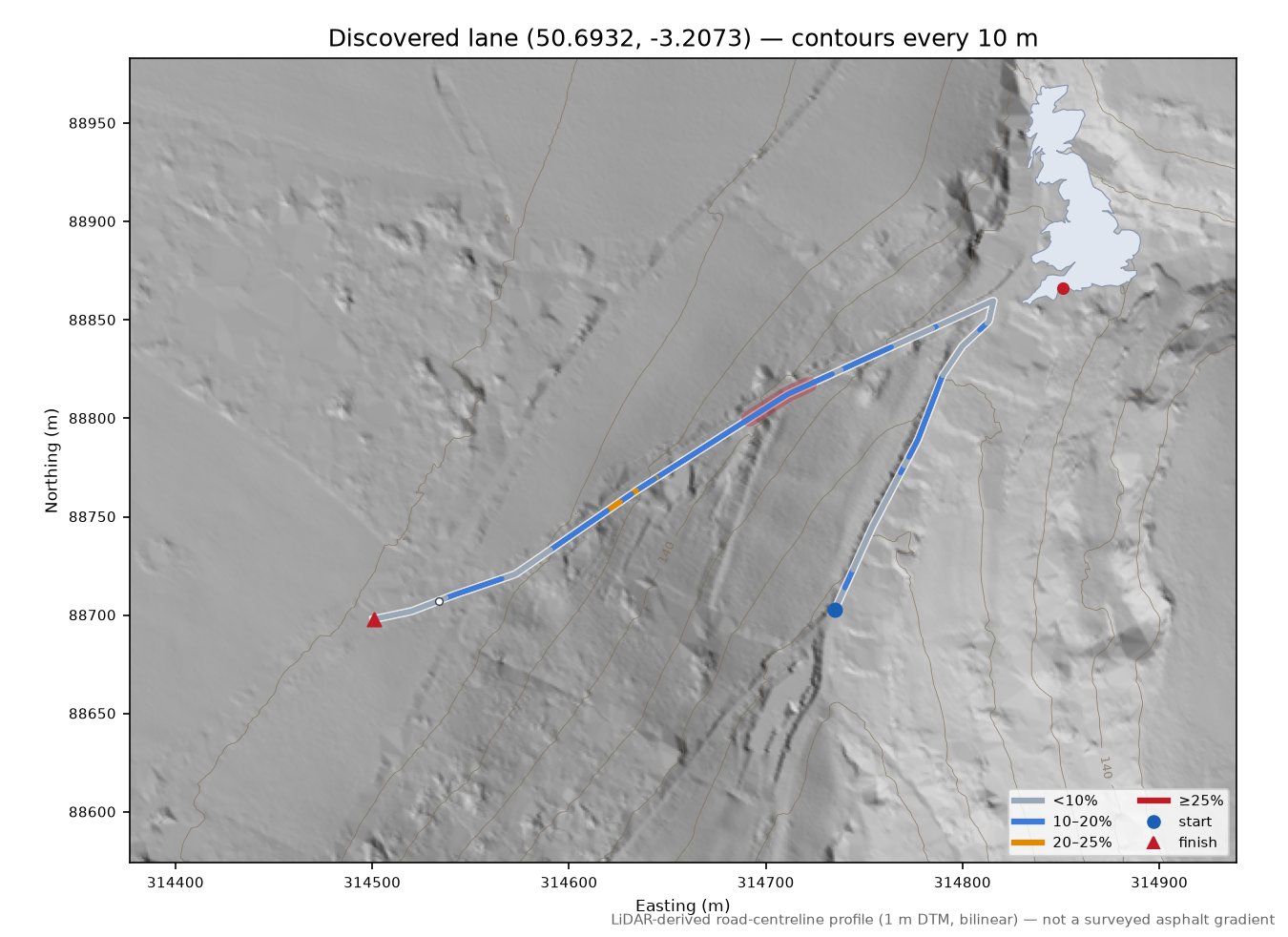 Discovered lane (50.6932, -3.2073) LiDAR hillshade map with contours