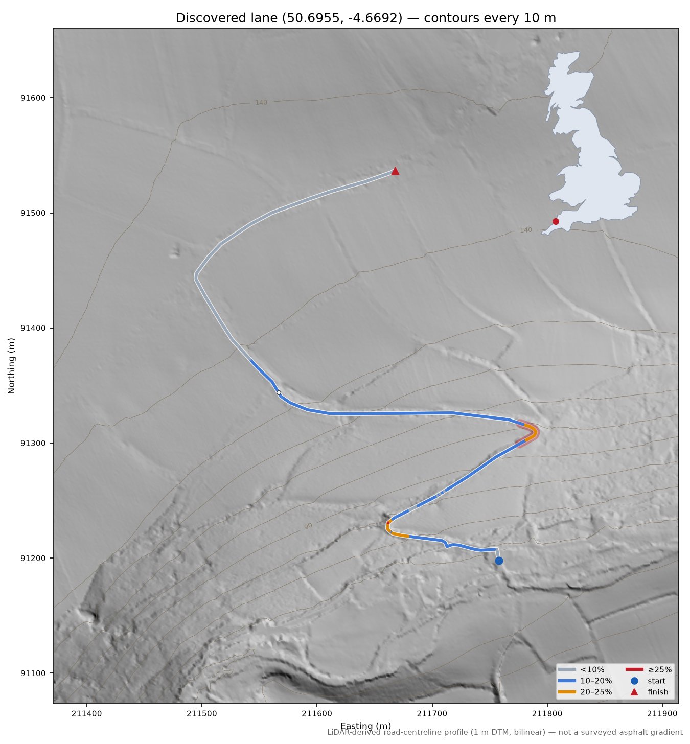 Discovered lane (50.6955, -4.6692) LiDAR hillshade map with contours