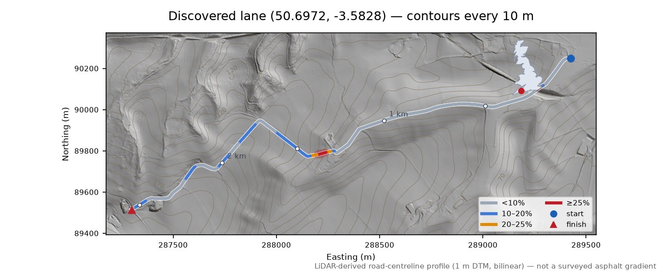 Discovered lane (50.6972, -3.5828) LiDAR hillshade map with contours