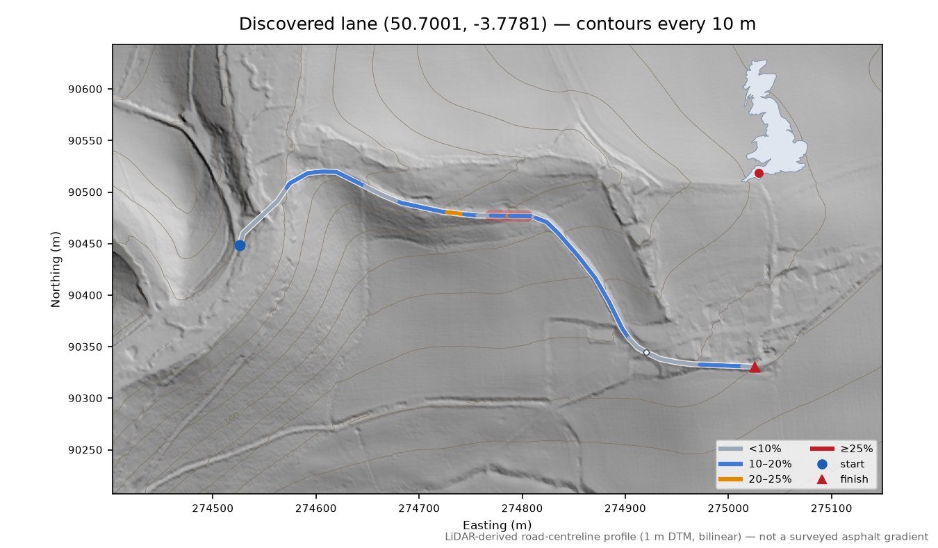 Discovered lane (50.7001, -3.7781) LiDAR hillshade map with contours