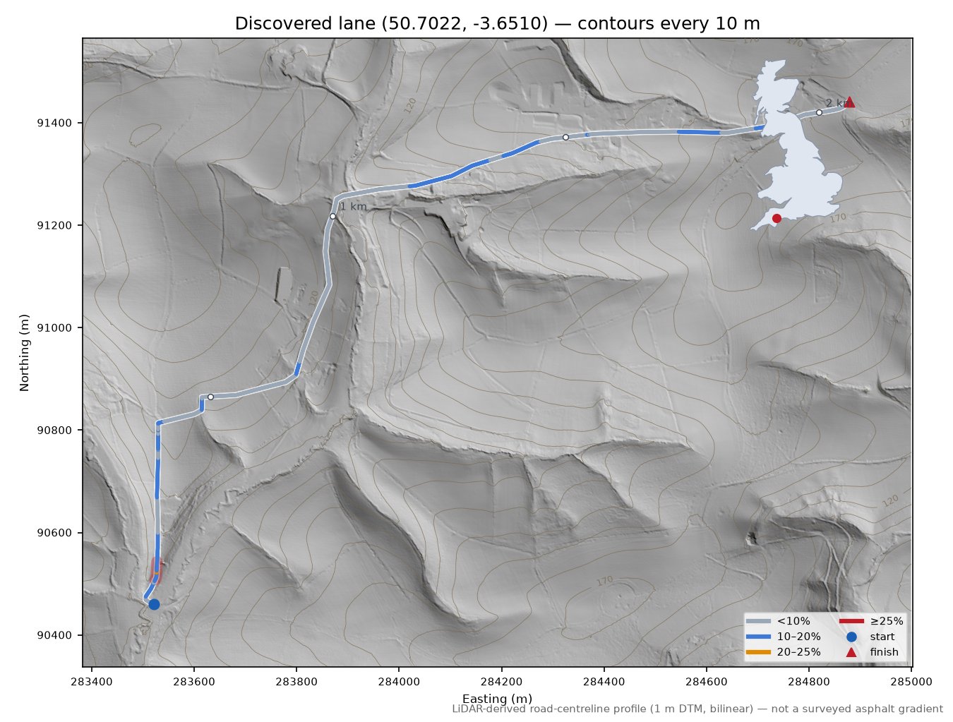 Discovered lane (50.7022, -3.6510) LiDAR hillshade map with contours