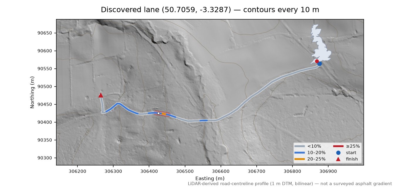 Discovered lane (50.7059, -3.3287) LiDAR hillshade map with contours