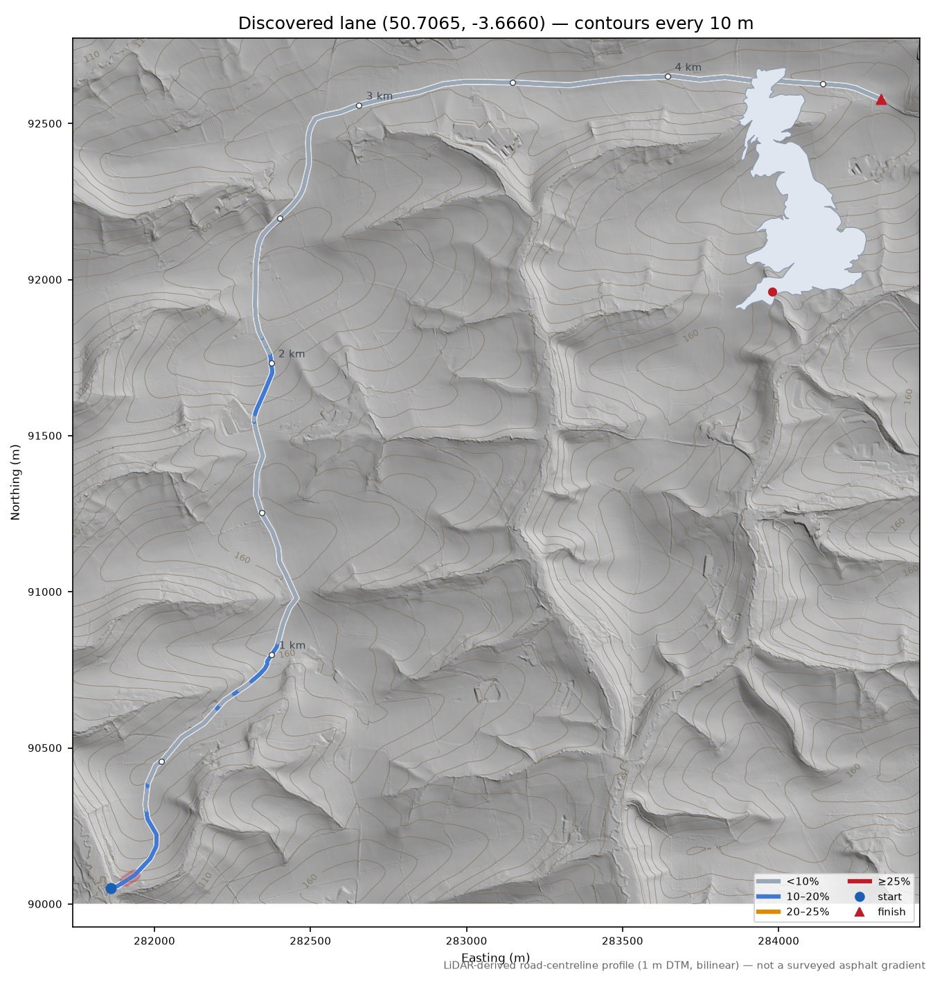 Discovered lane (50.7065, -3.6660) LiDAR hillshade map with contours