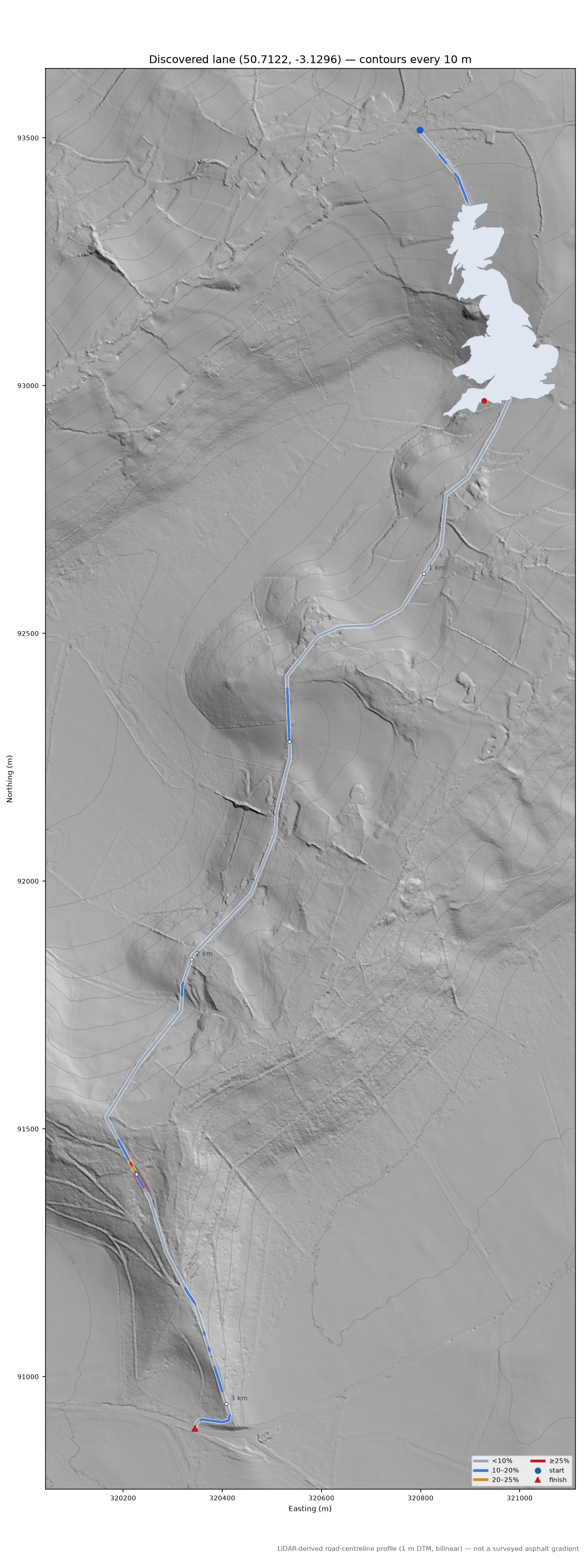 Discovered lane (50.7122, -3.1296) LiDAR hillshade map with contours