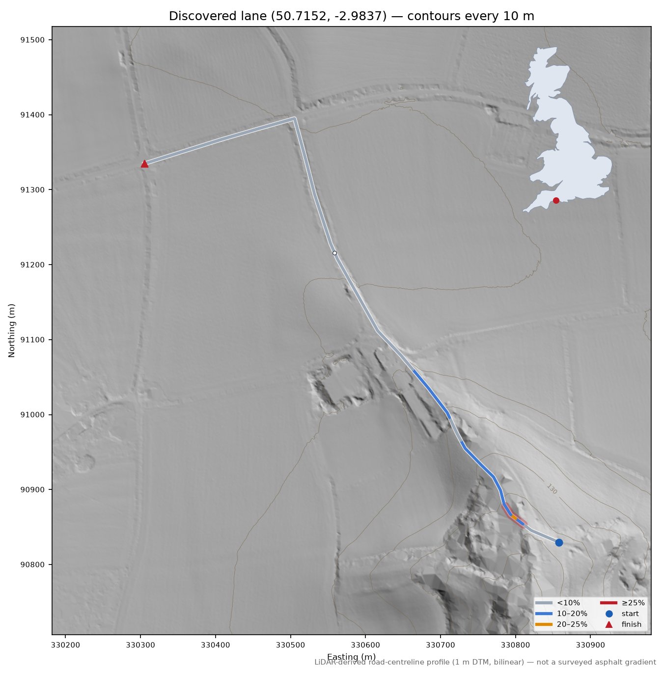 Discovered lane (50.7152, -2.9837) LiDAR hillshade map with contours