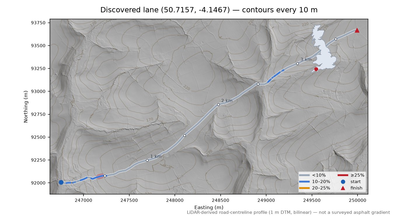 Discovered lane (50.7157, -4.1467) LiDAR hillshade map with contours
