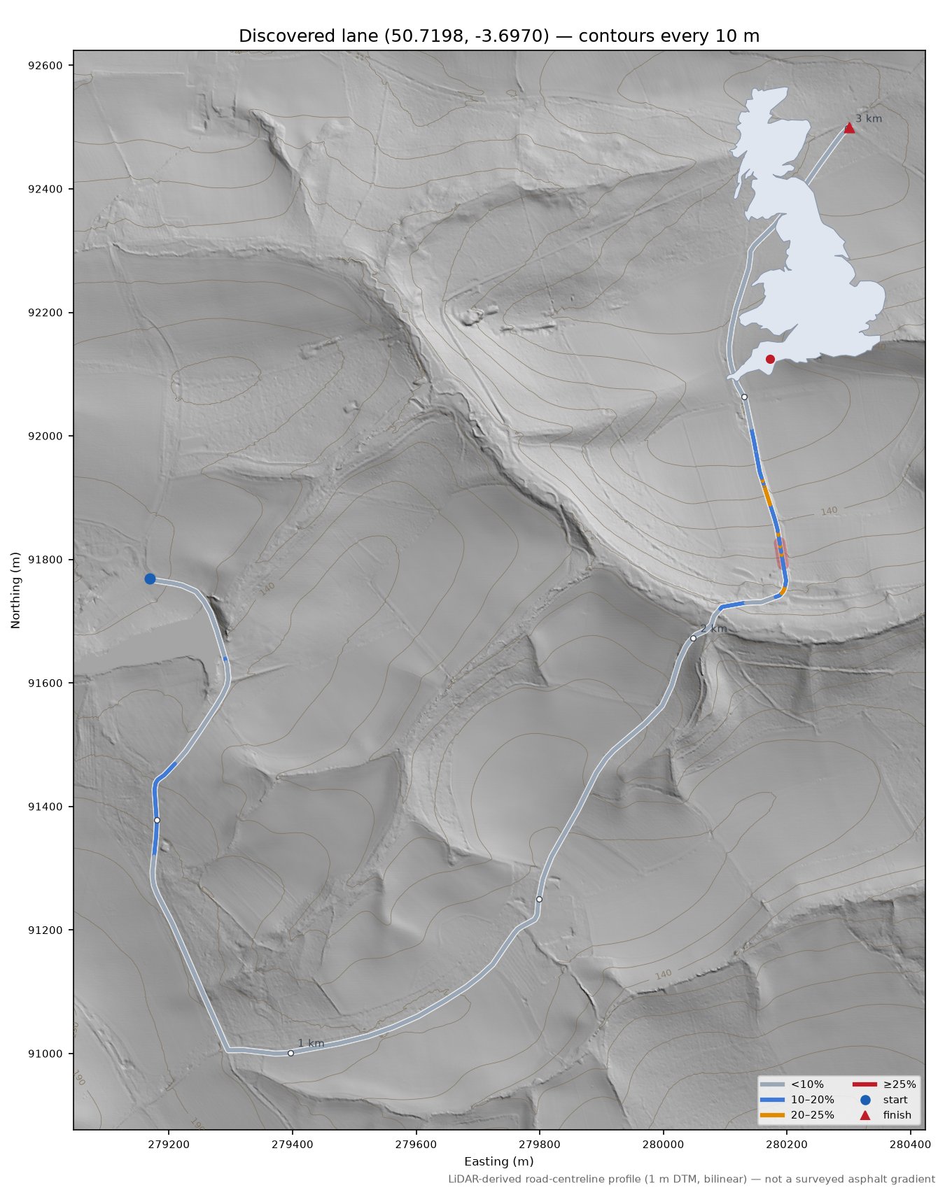 Discovered lane (50.7198, -3.6970) LiDAR hillshade map with contours
