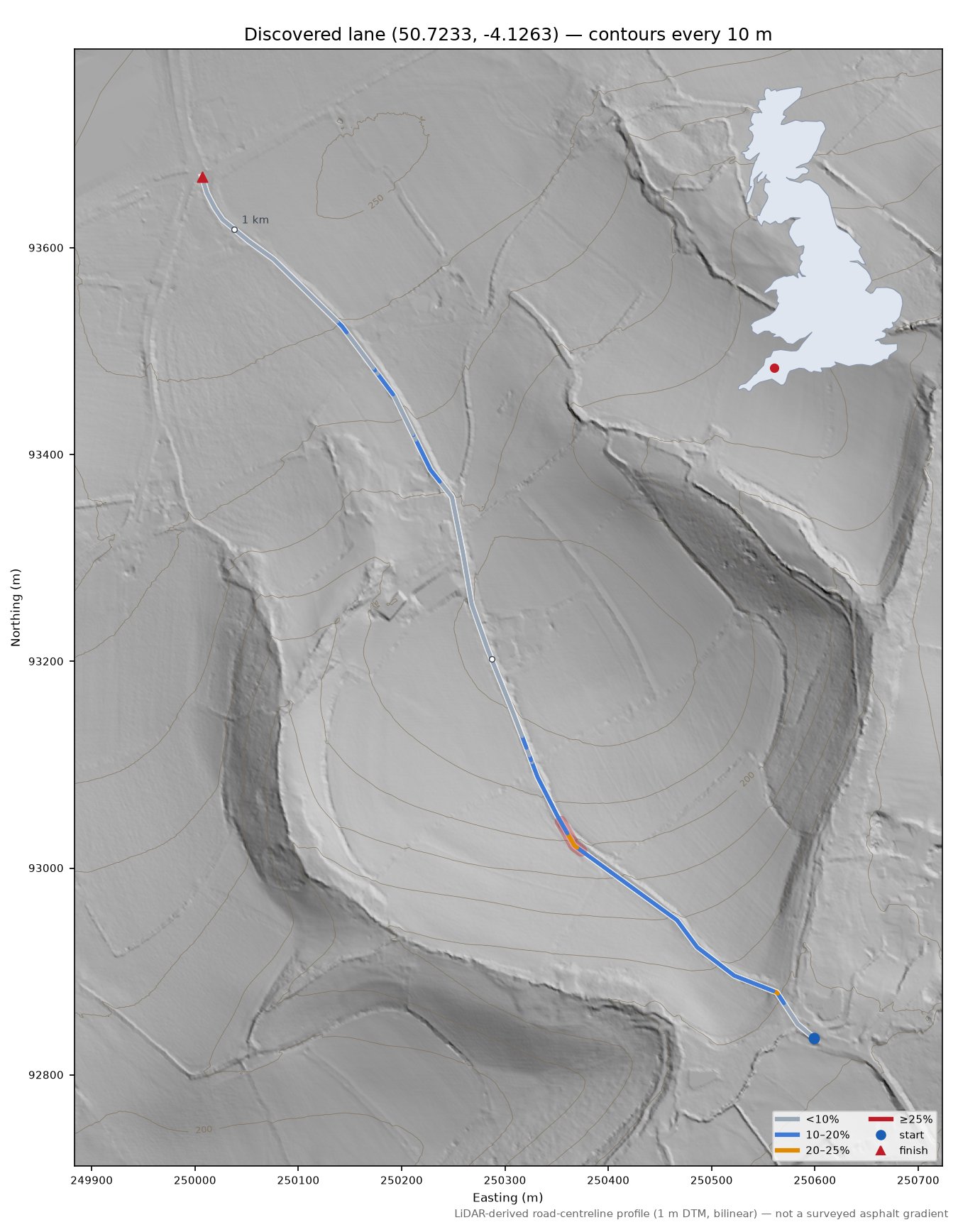 Discovered lane (50.7233, -4.1263) LiDAR hillshade map with contours