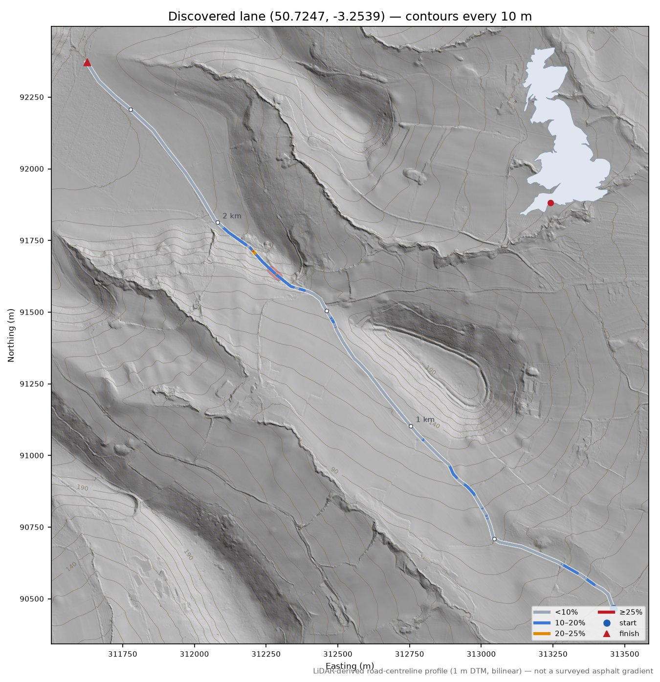 Discovered lane (50.7247, -3.2539) LiDAR hillshade map with contours
