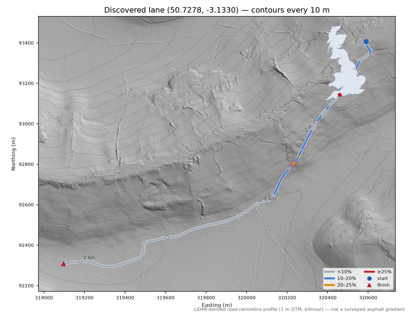 Discovered lane (50.7278, -3.1330) LiDAR hillshade map with contours