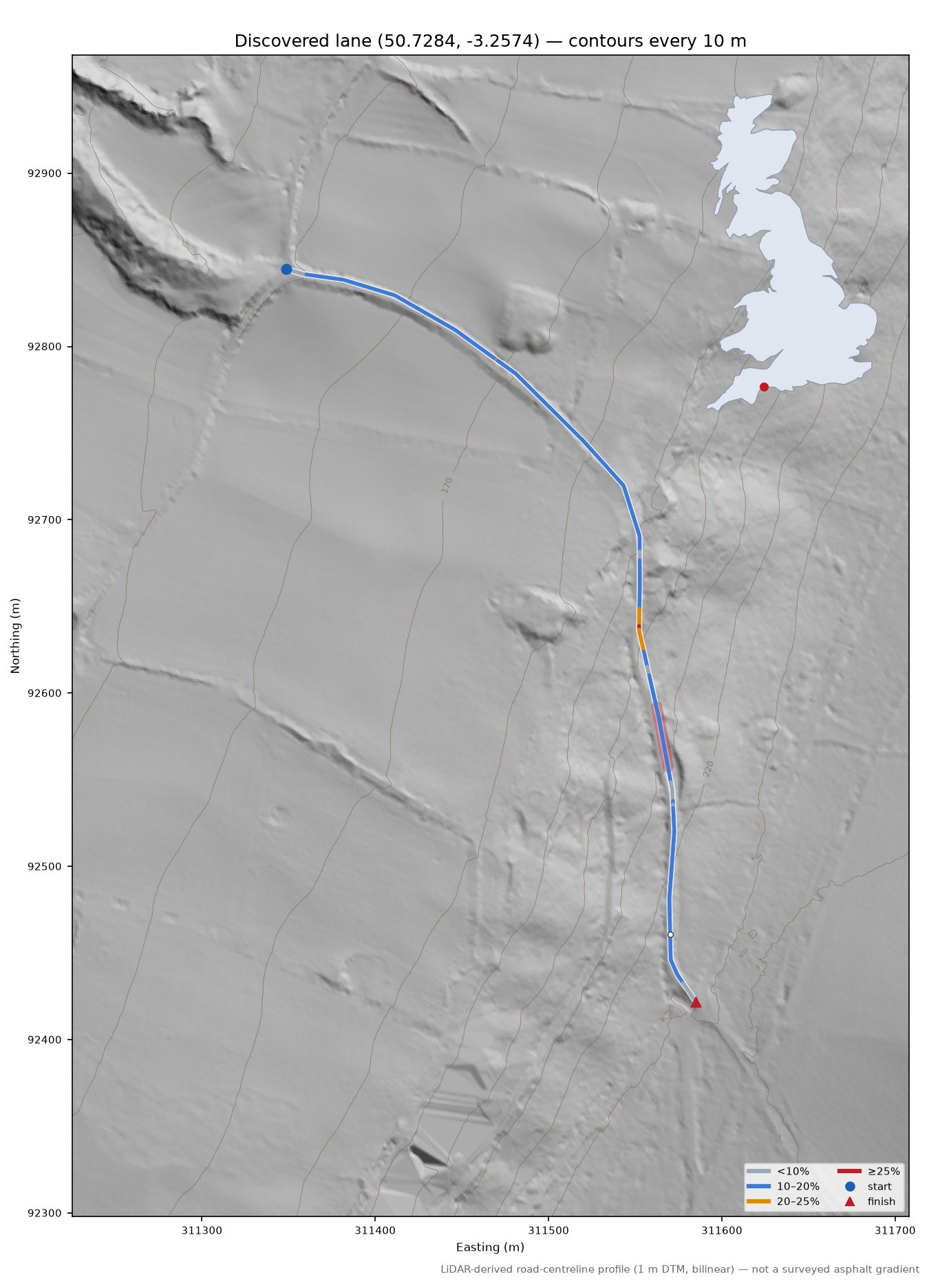 Discovered lane (50.7284, -3.2574) LiDAR hillshade map with contours