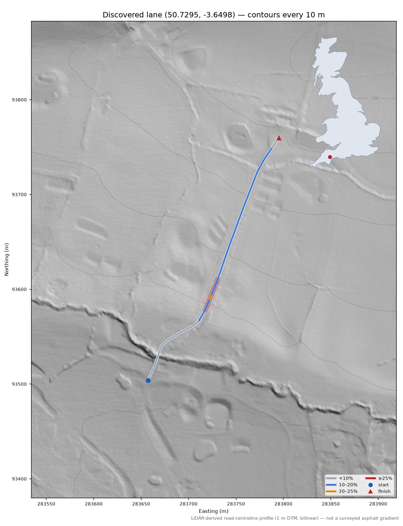 Discovered lane (50.7295, -3.6498) LiDAR hillshade map with contours