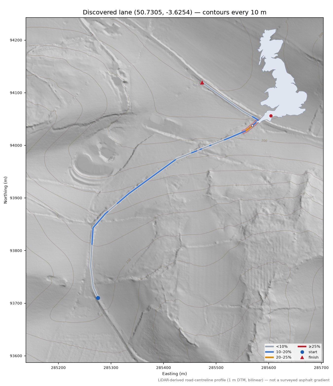 Discovered lane (50.7305, -3.6254) LiDAR hillshade map with contours