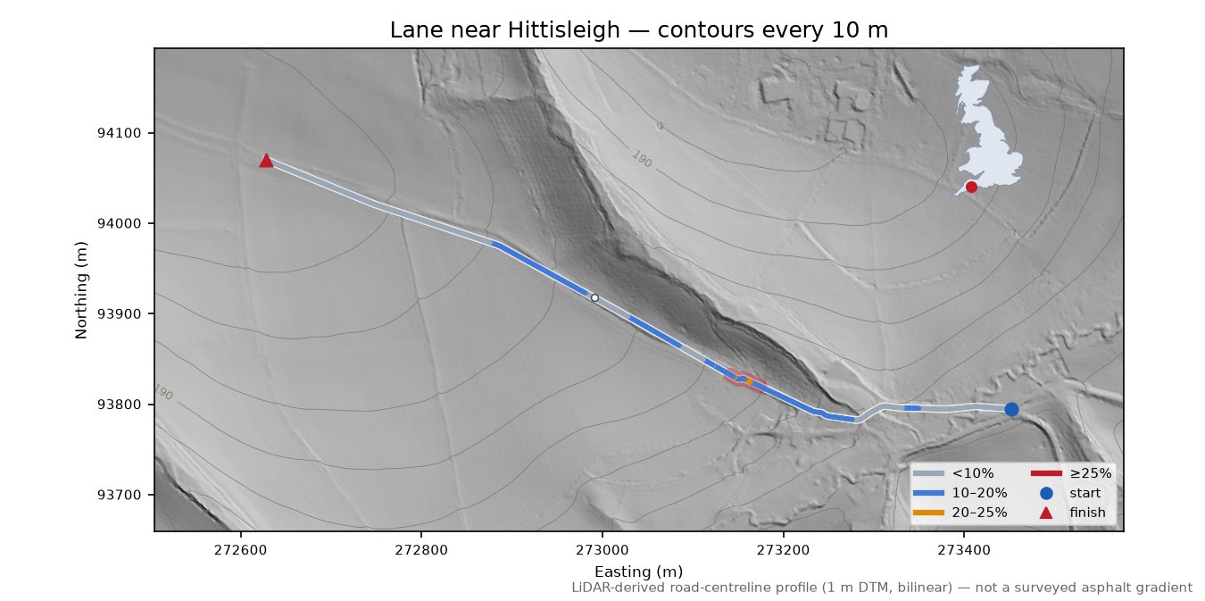 Lane near Hittisleigh LiDAR hillshade map with contours