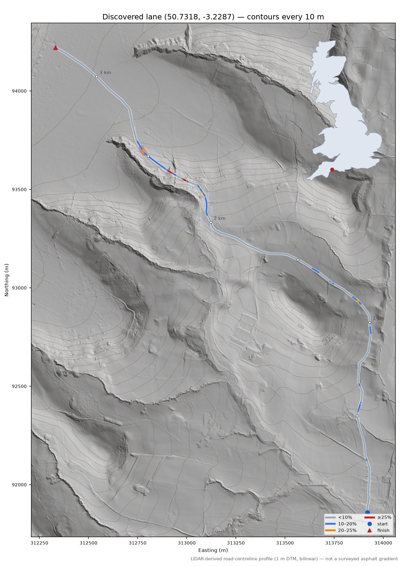 Discovered lane (50.7318, -3.2287) LiDAR hillshade map with contours