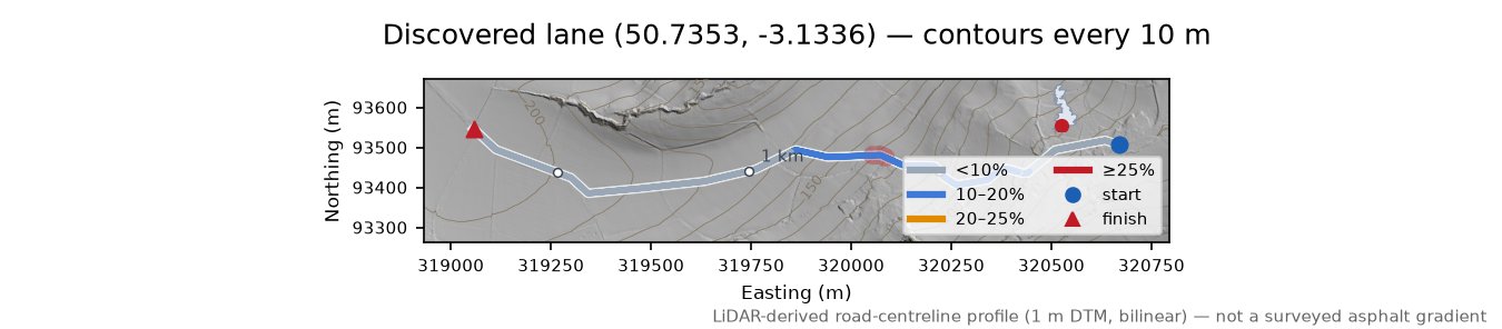Discovered lane (50.7353, -3.1336) LiDAR hillshade map with contours