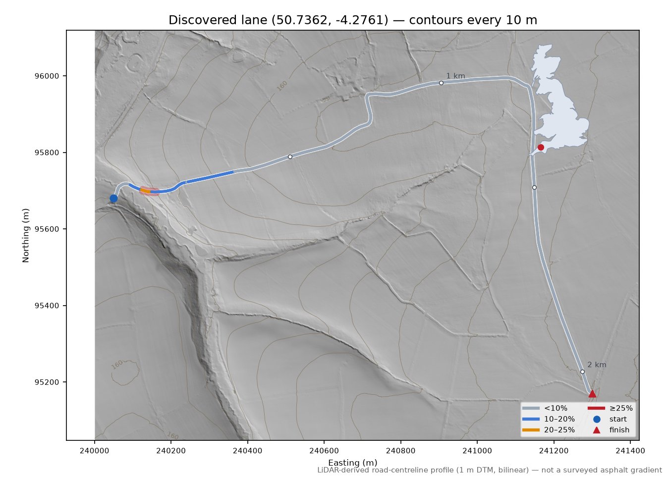 Discovered lane (50.7362, -4.2761) LiDAR hillshade map with contours