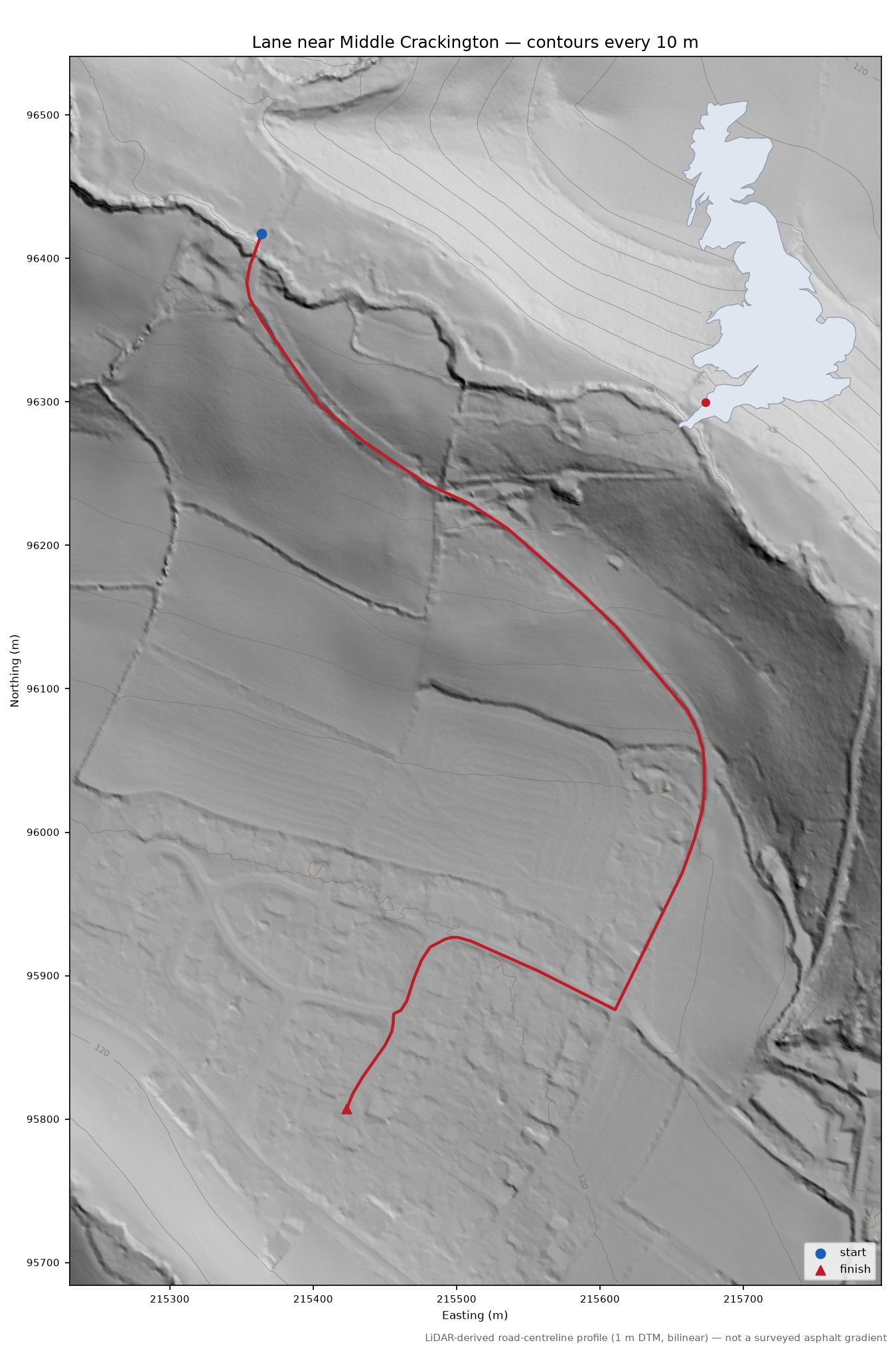 Lane near Middle Crackington LiDAR hillshade map with contours