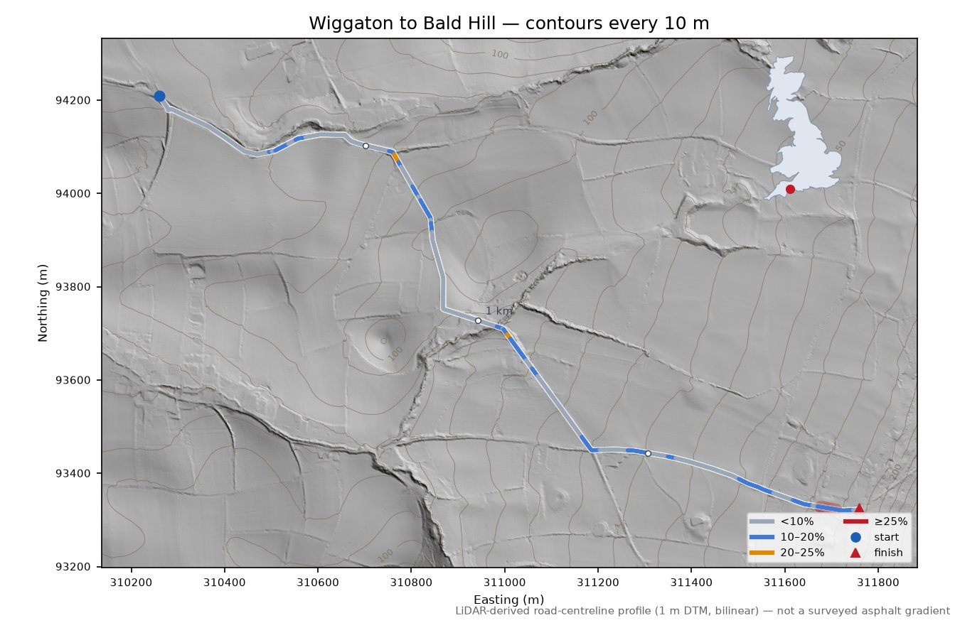 Wiggaton to Bald Hill LiDAR hillshade map with contours