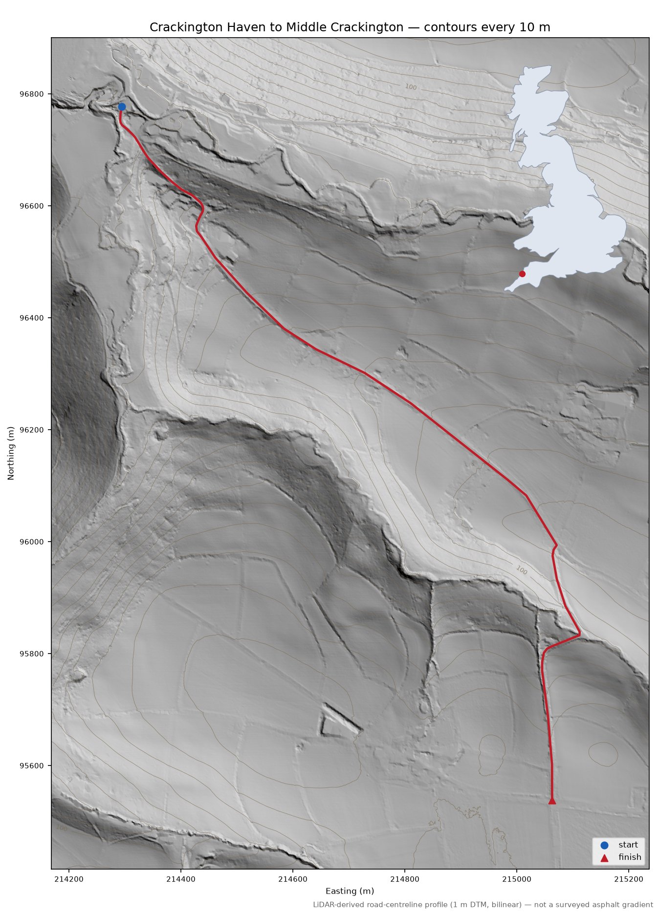 Crackington Haven to Middle Crackington LiDAR hillshade map with contours