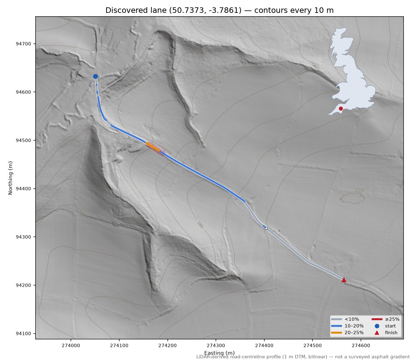 Discovered lane (50.7373, -3.7861) LiDAR hillshade map with contours
