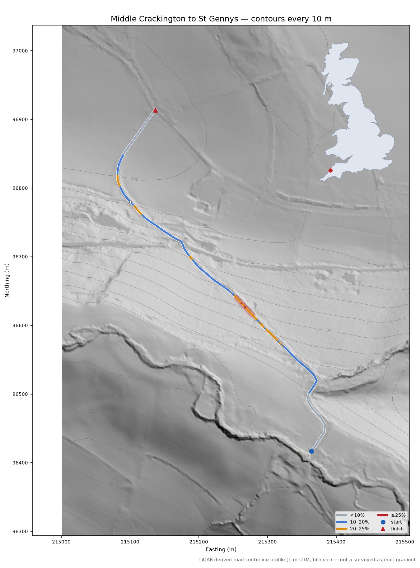 Middle Crackington to St Gennys LiDAR hillshade map with contours
