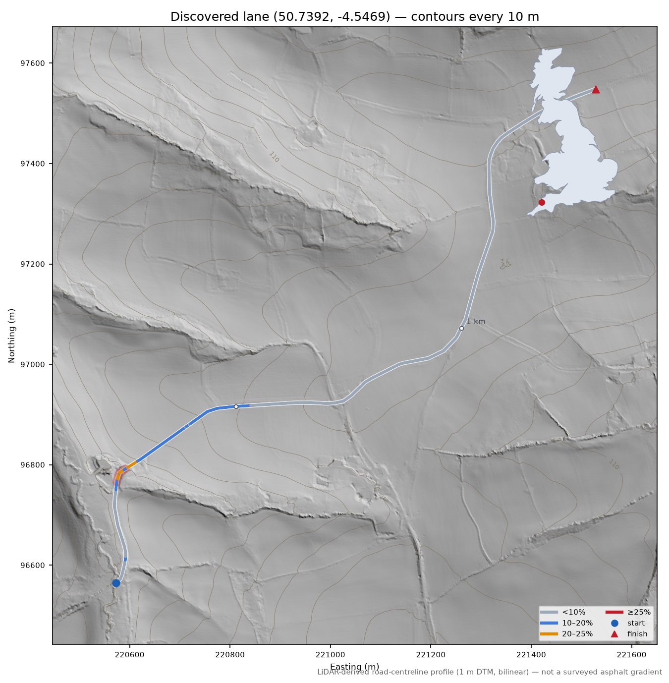 Discovered lane (50.7392, -4.5469) LiDAR hillshade map with contours
