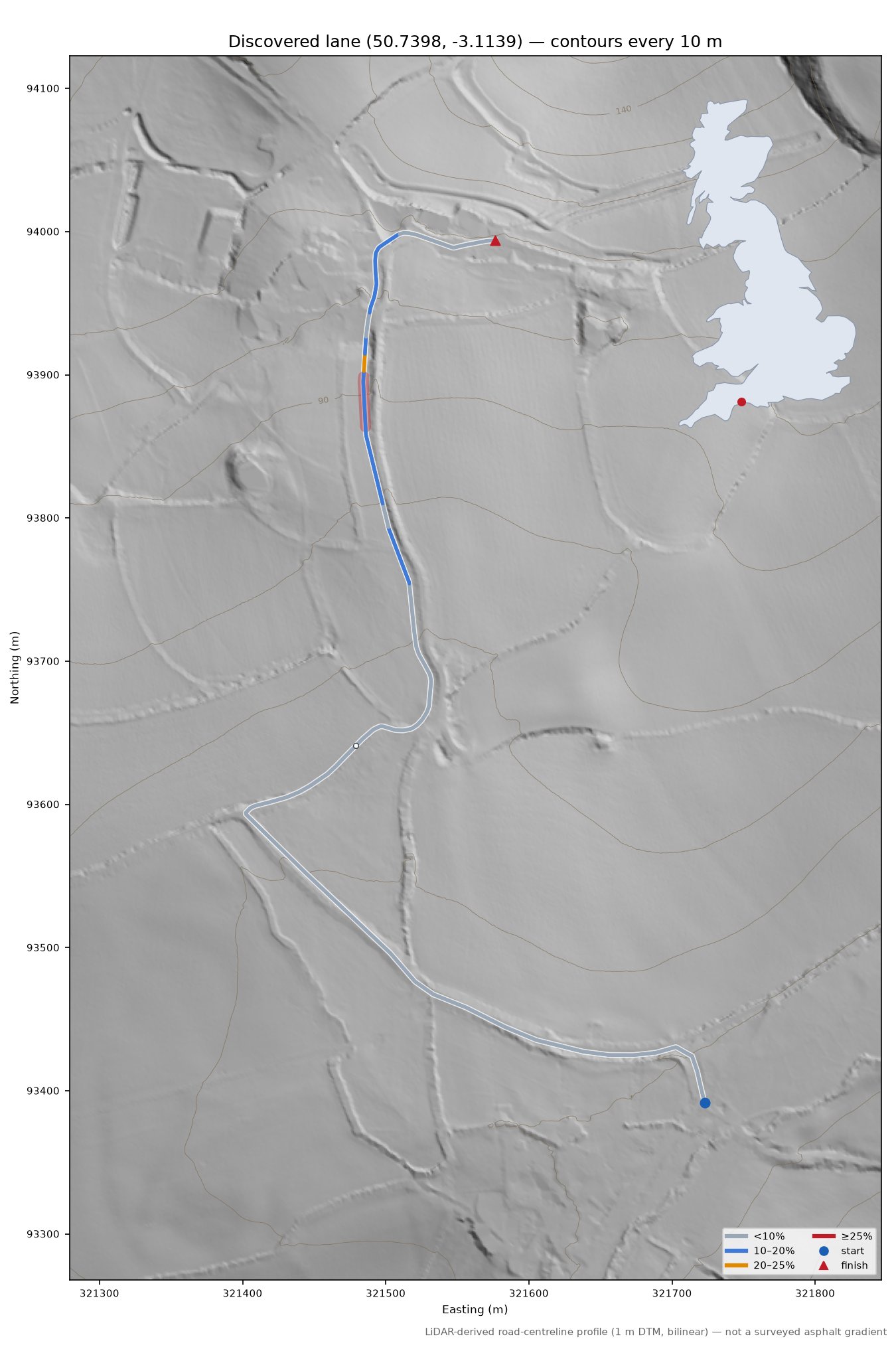 Discovered lane (50.7398, -3.1139) LiDAR hillshade map with contours