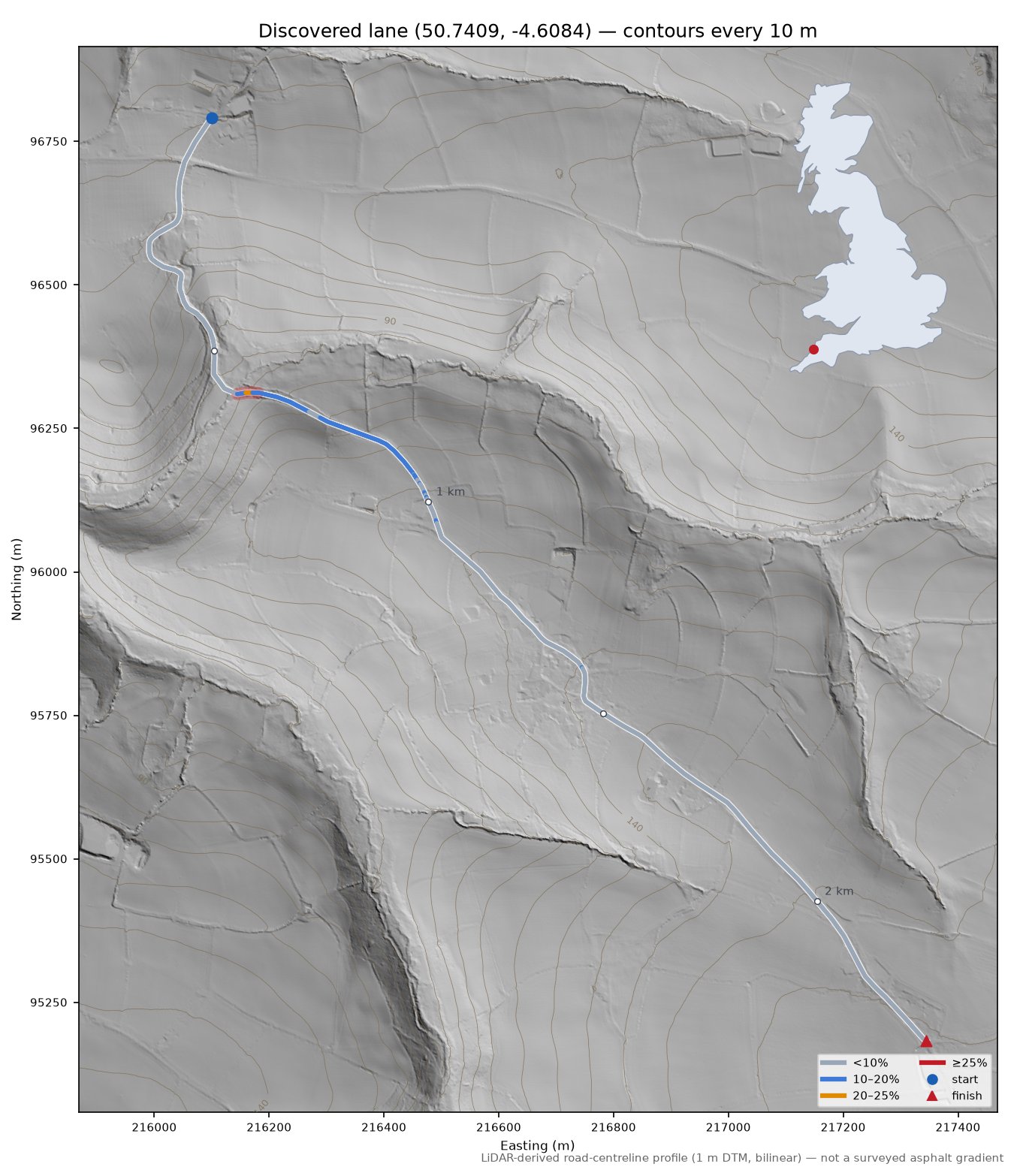 Discovered lane (50.7409, -4.6084) LiDAR hillshade map with contours