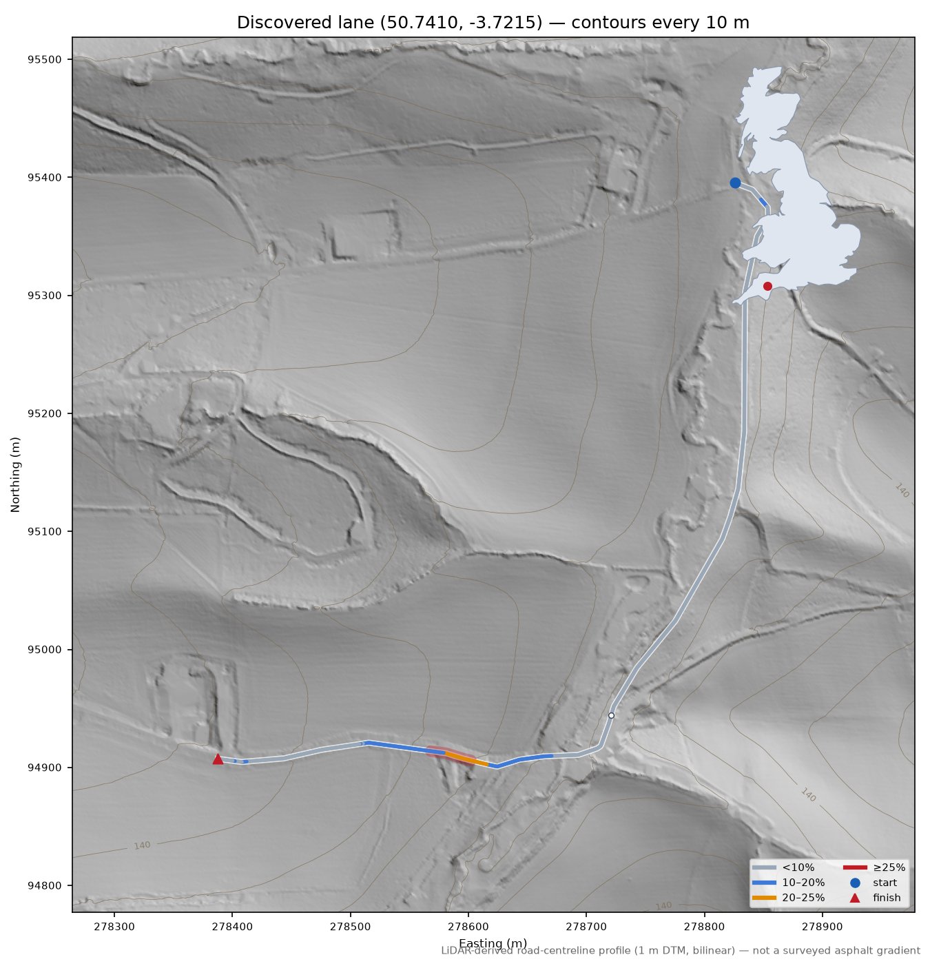 Discovered lane (50.7410, -3.7215) LiDAR hillshade map with contours