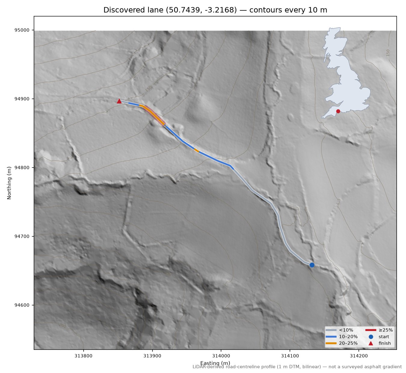 Discovered lane (50.7439, -3.2168) LiDAR hillshade map with contours