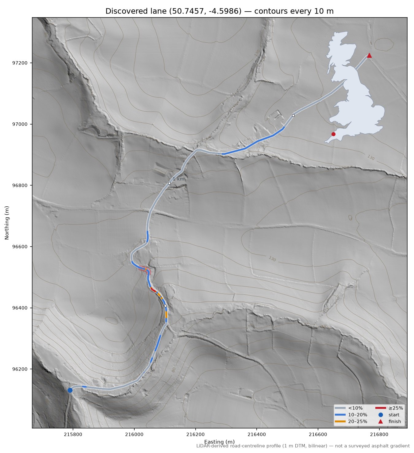 Discovered lane (50.7457, -4.5986) LiDAR hillshade map with contours