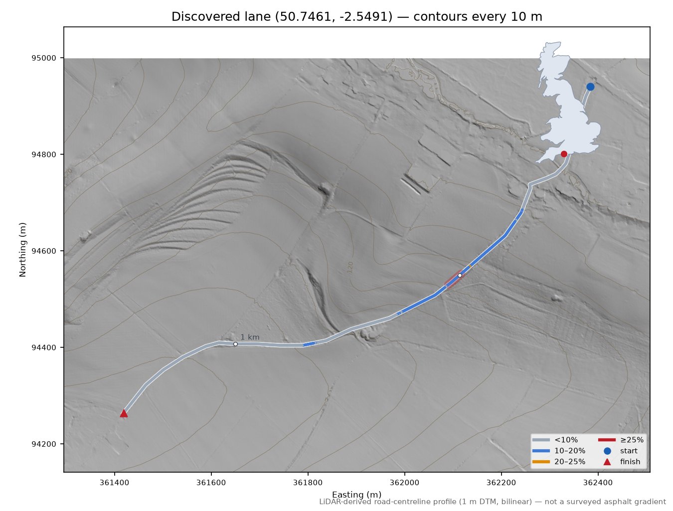 Discovered lane (50.7461, -2.5491) LiDAR hillshade map with contours
