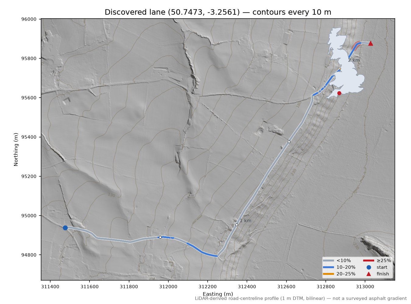 Discovered lane (50.7473, -3.2561) LiDAR hillshade map with contours