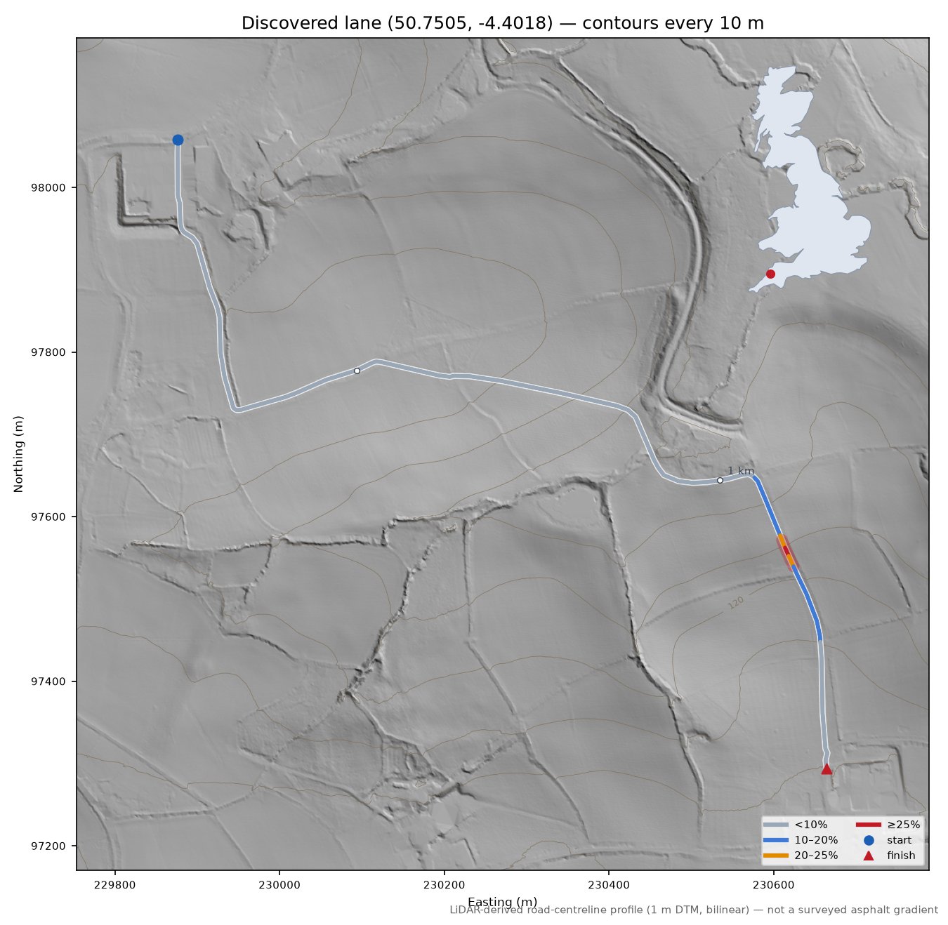 Discovered lane (50.7505, -4.4018) LiDAR hillshade map with contours