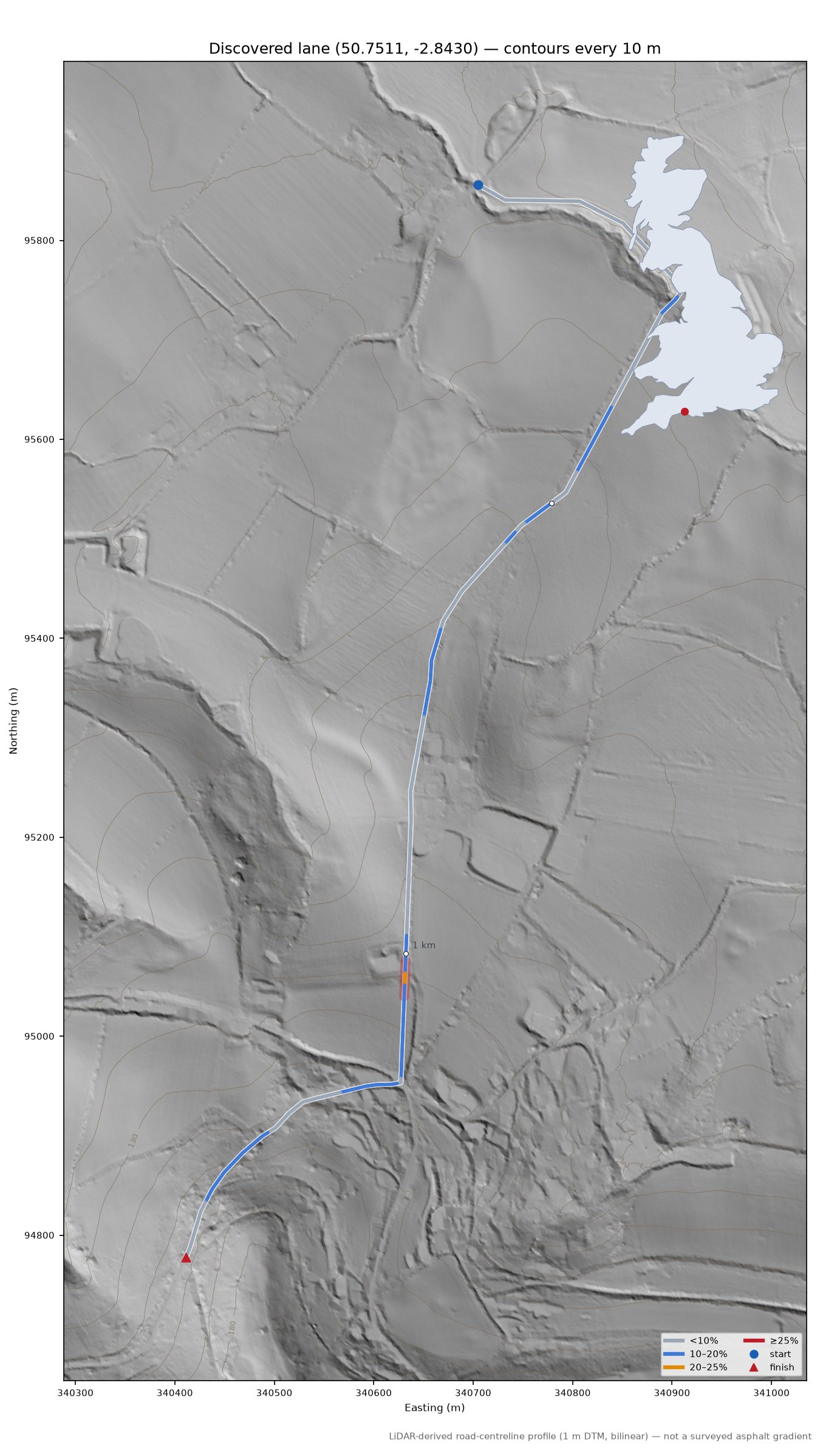 Discovered lane (50.7511, -2.8430) LiDAR hillshade map with contours
