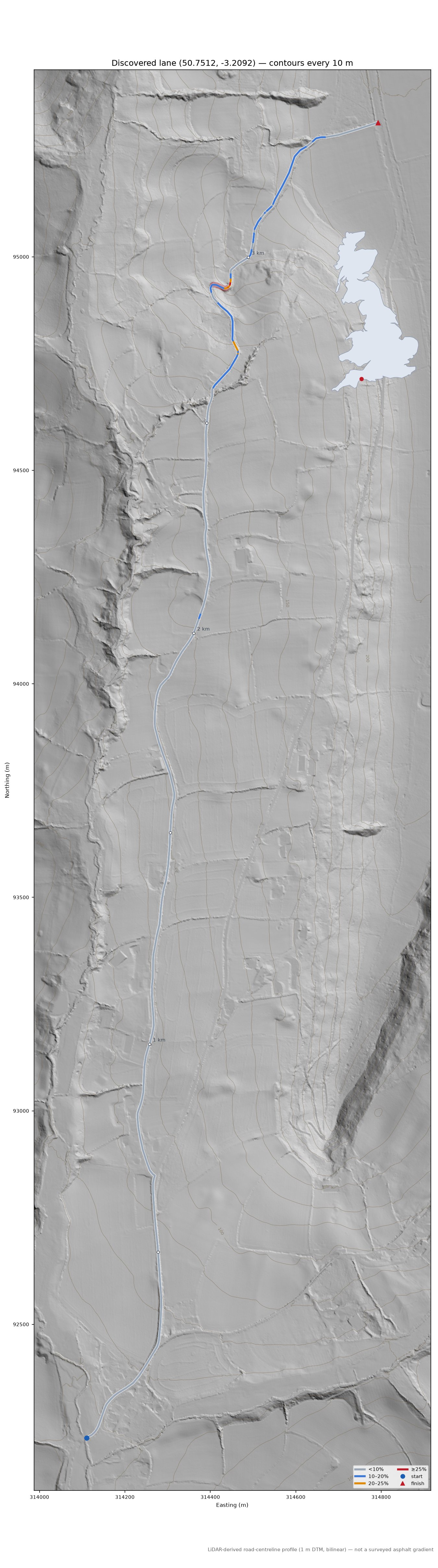 Discovered lane (50.7512, -3.2092) LiDAR hillshade map with contours