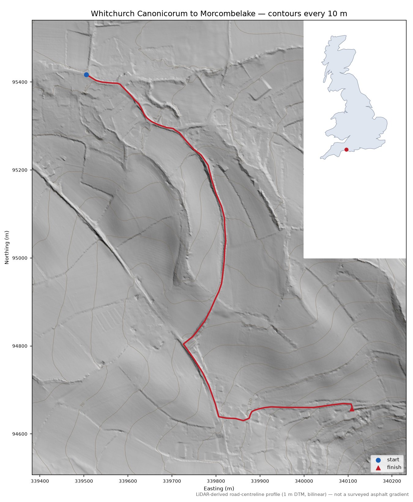 Whitchurch Canonicorum to Morcombelake LiDAR hillshade map with contours