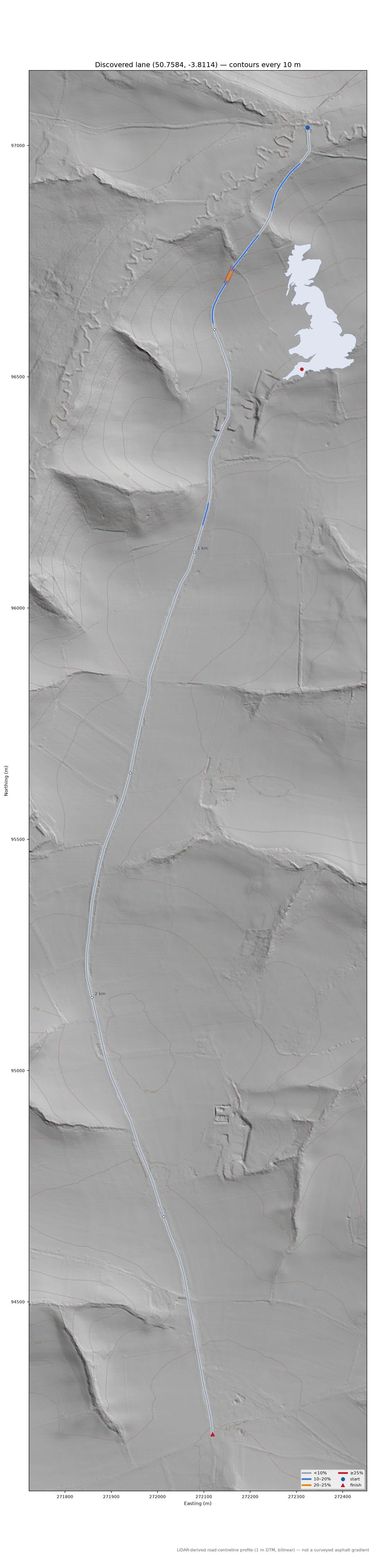 Discovered lane (50.7584, -3.8114) LiDAR hillshade map with contours
