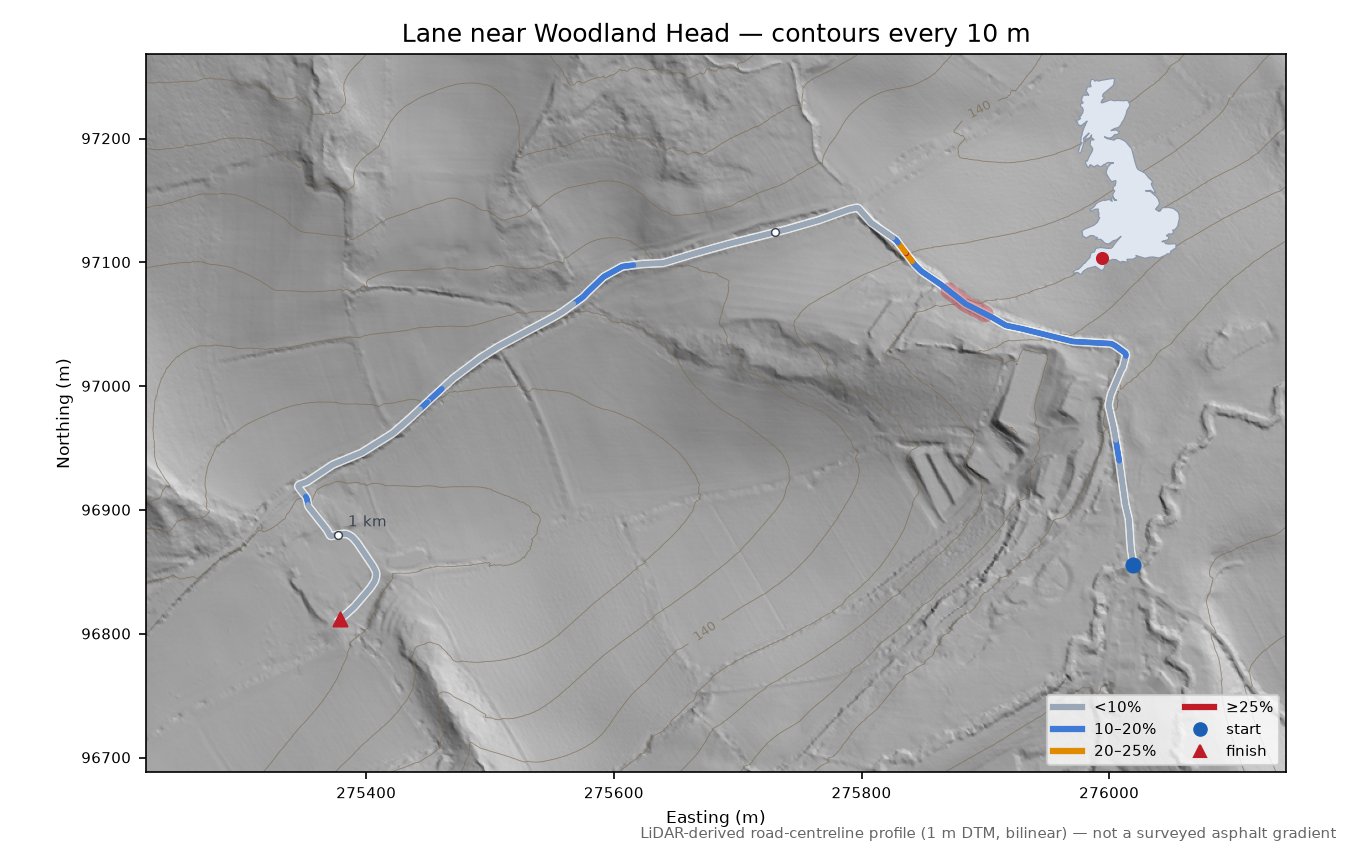 Lane near Woodland Head LiDAR hillshade map with contours