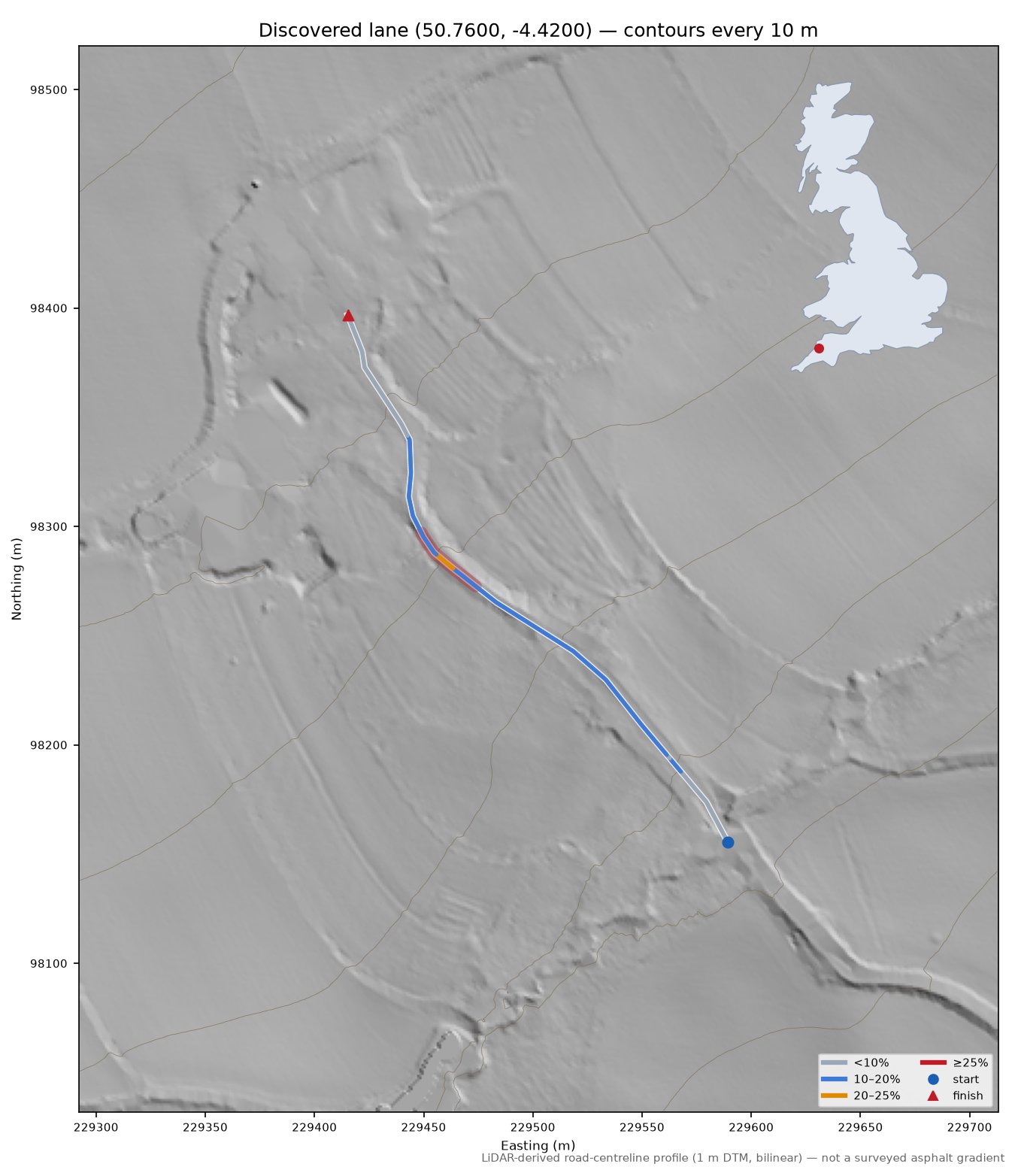 Discovered lane (50.7600, -4.4200) LiDAR hillshade map with contours