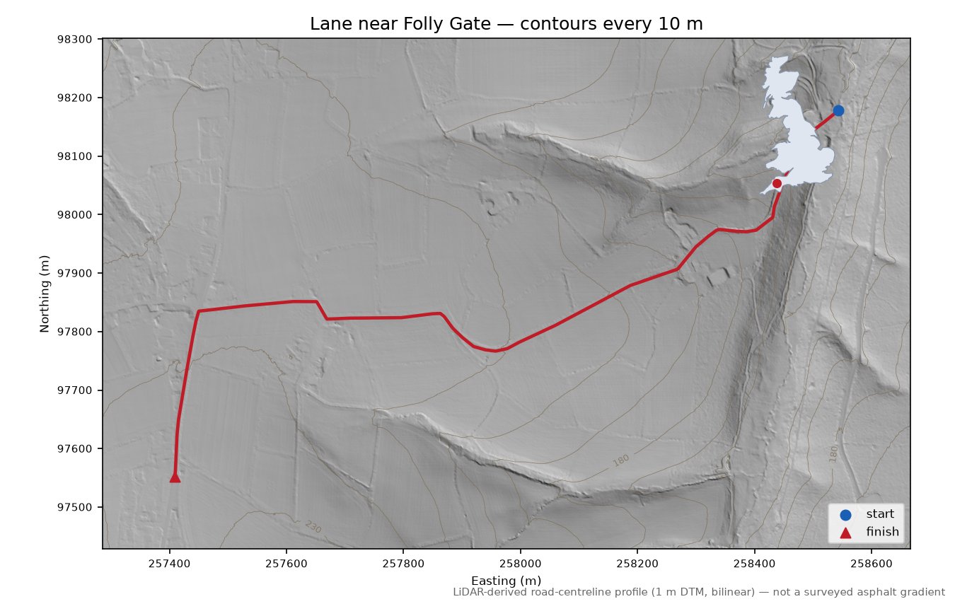 Lane near Folly Gate LiDAR hillshade map with contours