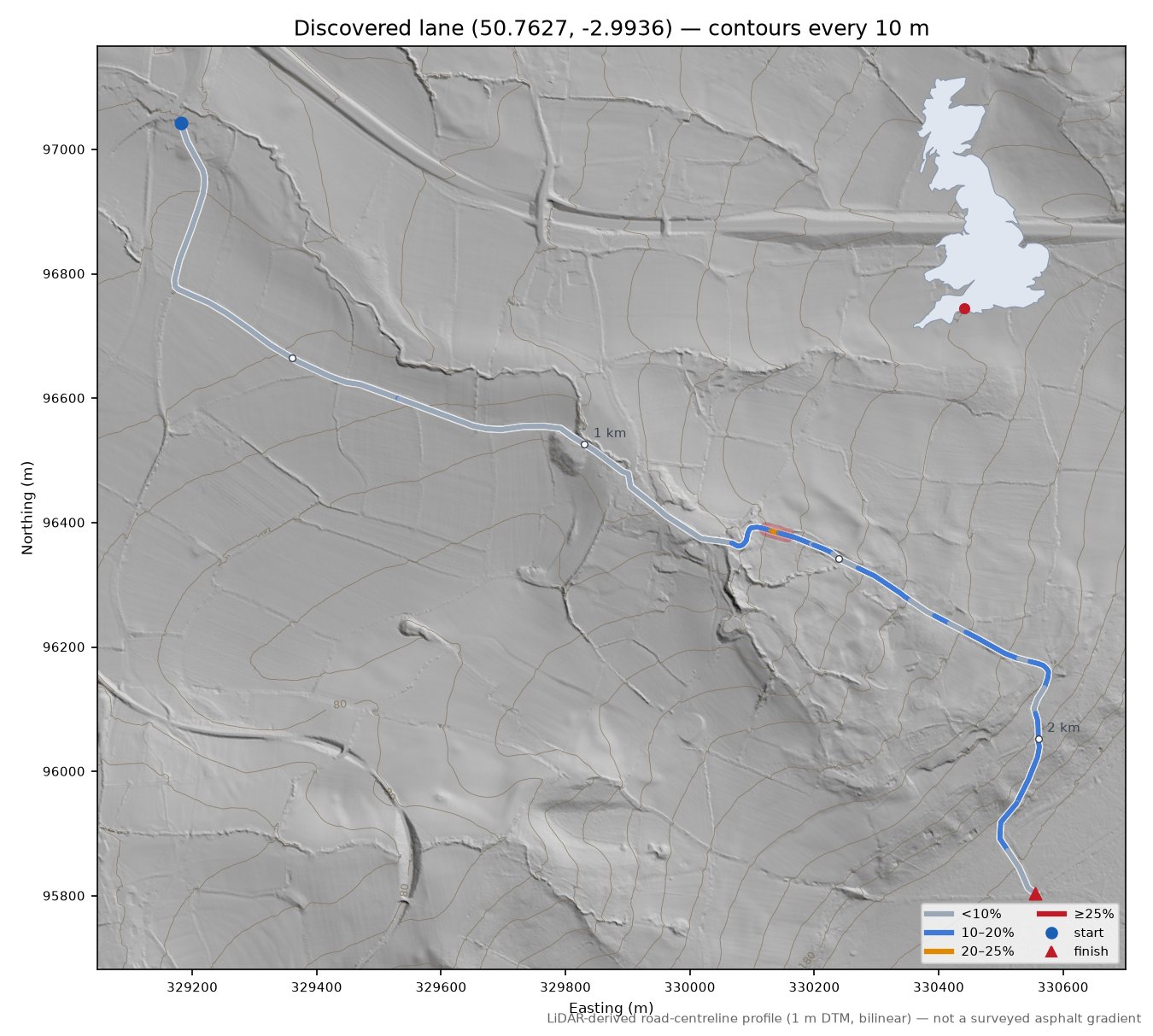 Discovered lane (50.7627, -2.9936) LiDAR hillshade map with contours